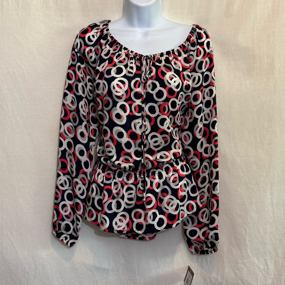 A-123 Ellen Tracy NWT Black Red Gray & White Peplum Long Sleeve Blouse Size S